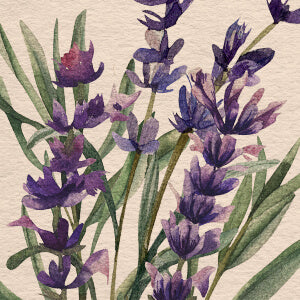 Pattern of purple flowers and green leaves on a beige background