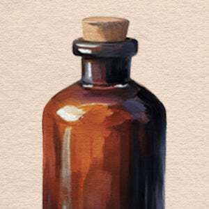 Brown glass bottle with cork on a beige background