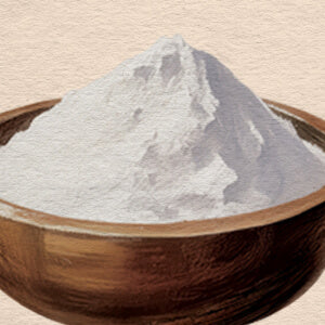 Wooden bowl filled with white powder on a beige background