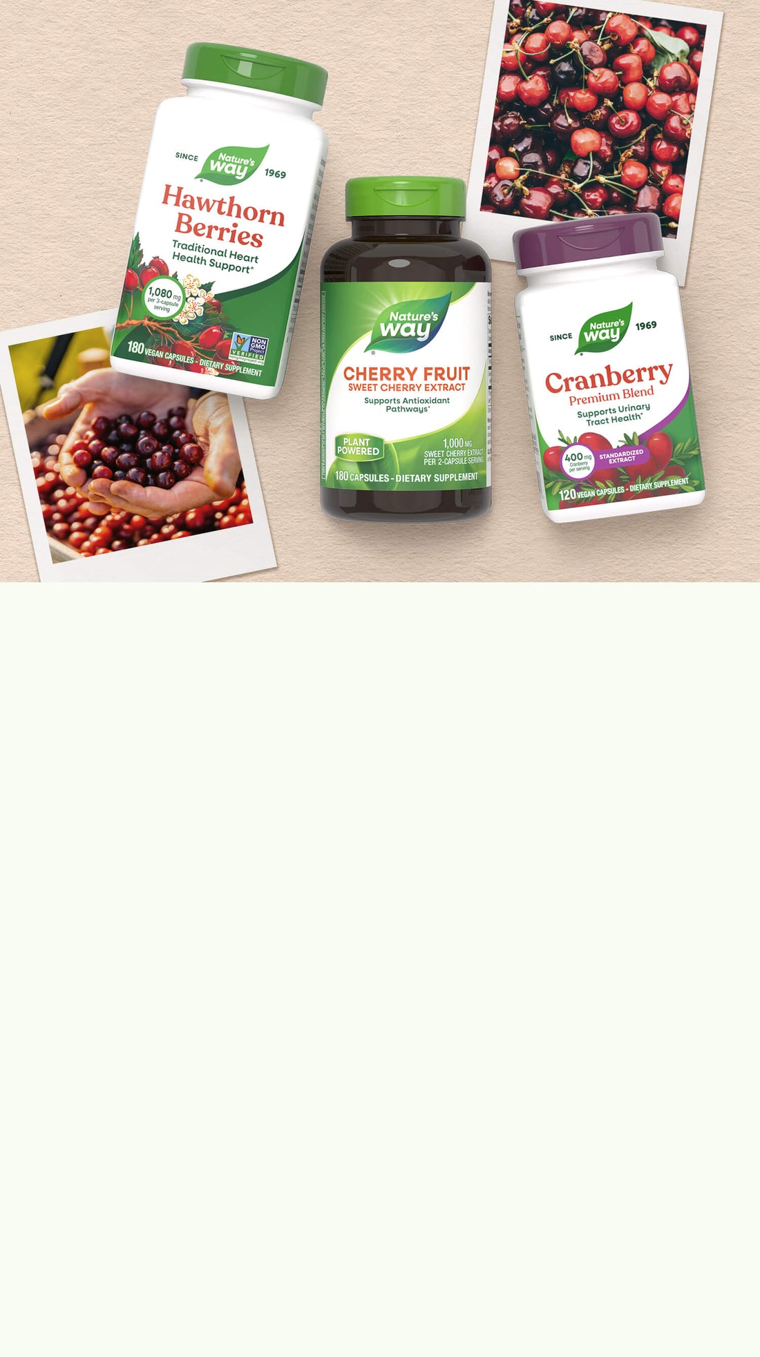 Three Nature's Way supplement bottles with images of berries on a light background