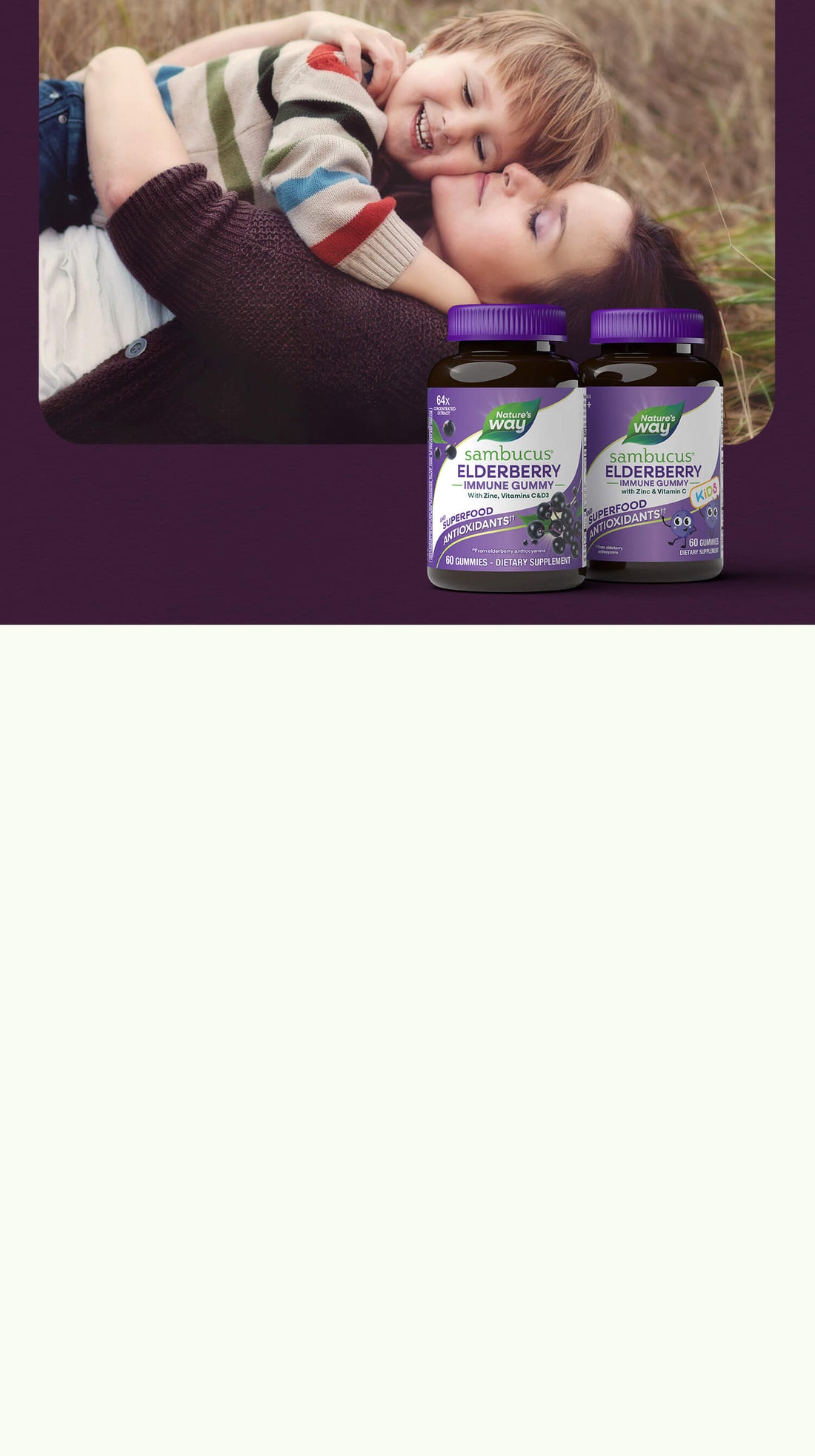 Two jars of Nature's Way Elderberry supplement on a white background with a family photo above.