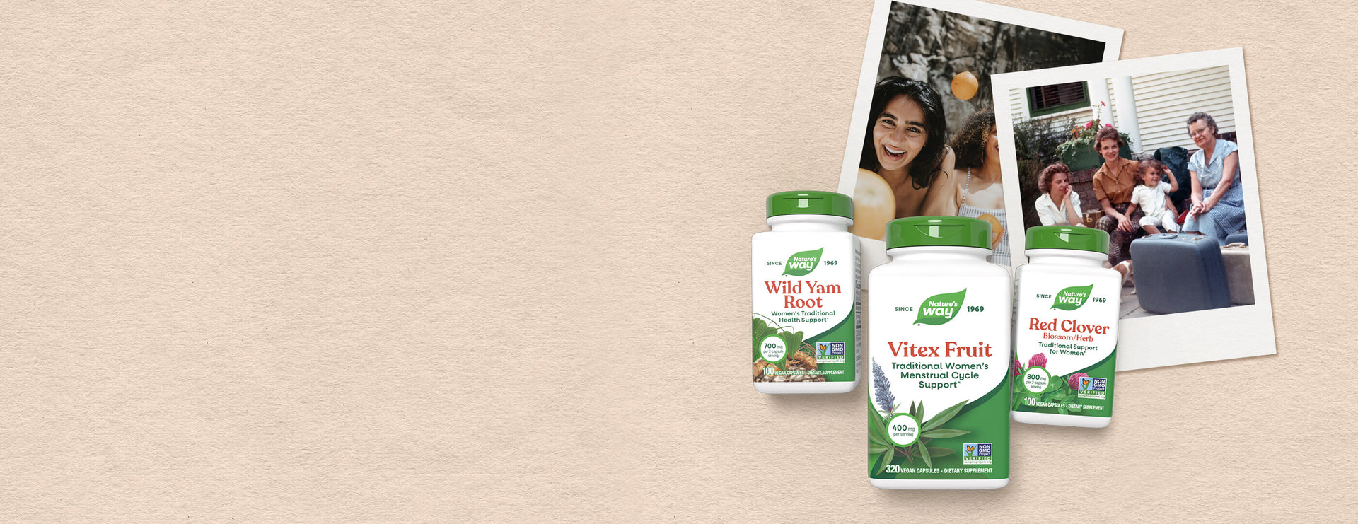 Two bottles of Nature's Way supplements on a beige background with two photos of people.