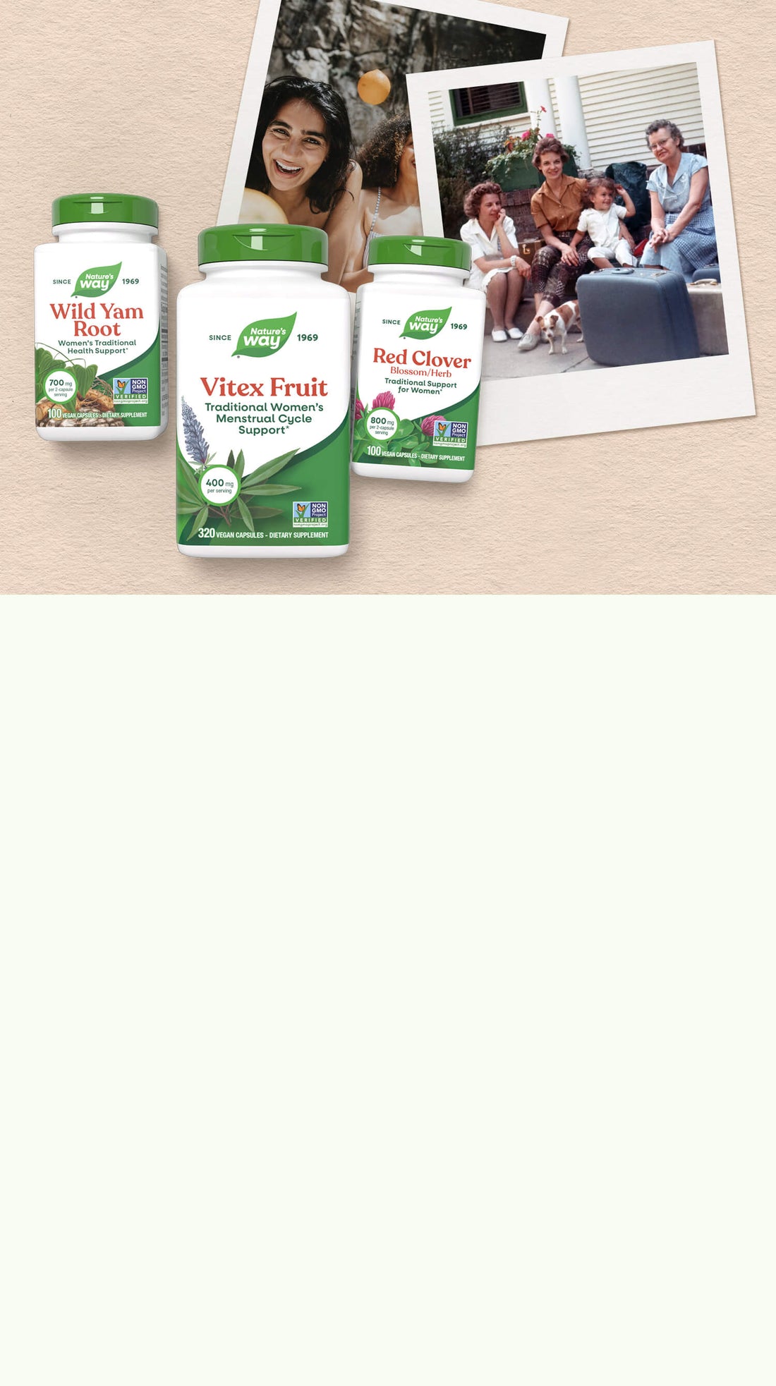 Three supplement bottles on a beige surface with two photos of people in the background.