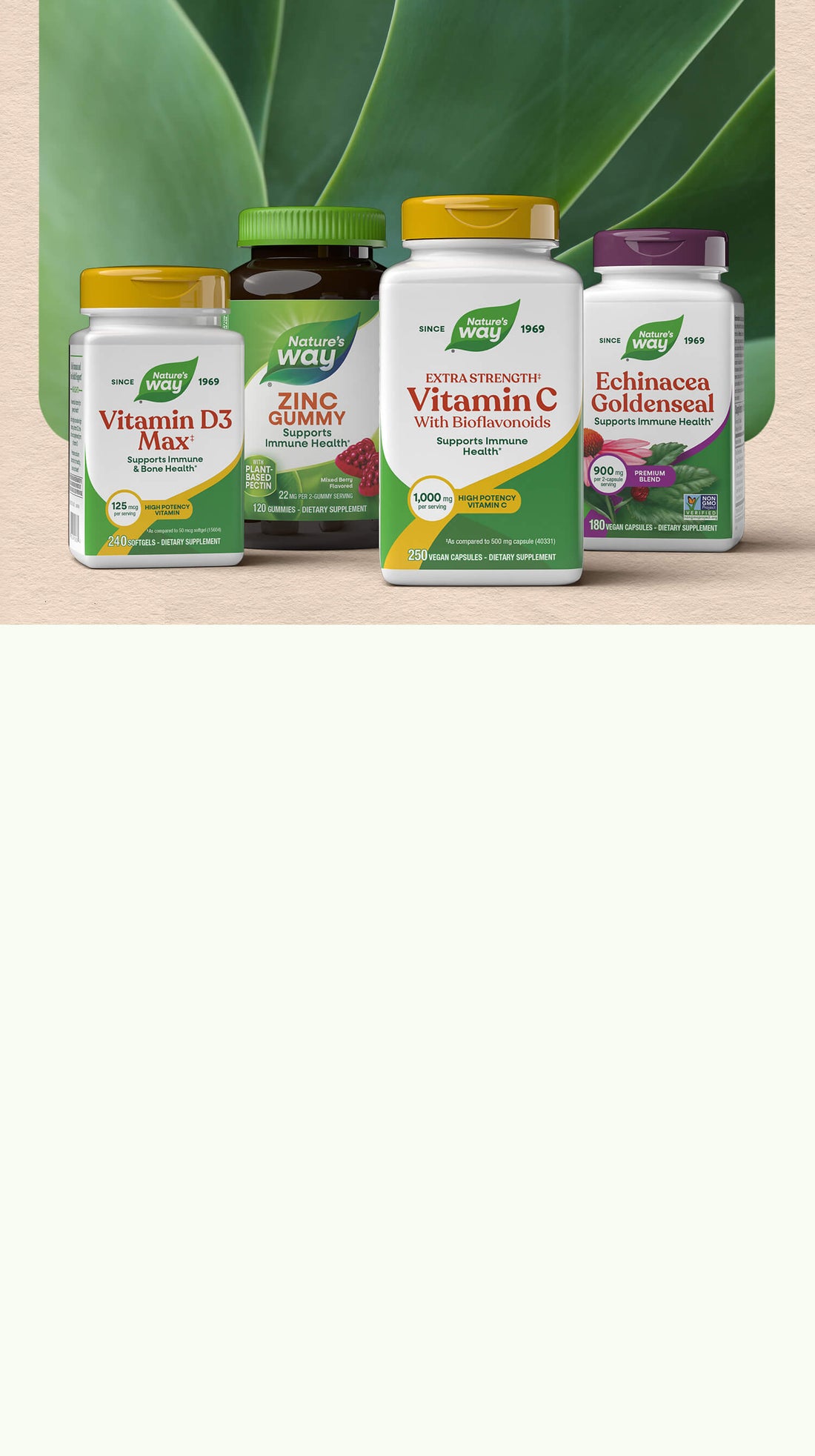 Assorted Nature's Way supplement bottles on a light beige background with green leaves.