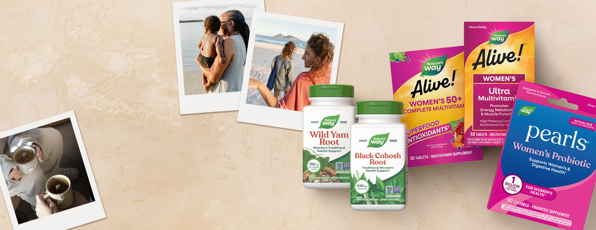 supplements including Alive! multivitamins and Wild Yam on a beige surface with lifestyle images.