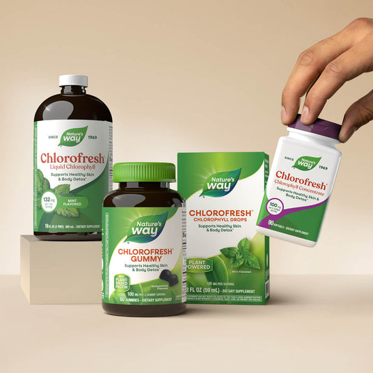 Collection of Nature's Way Chlorofresh products including a bottle, gummy, box, and drops on a beige background.