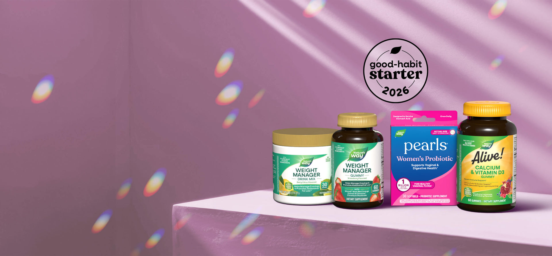 Supplement products on a white platform with a purple gradient background, featuring the 'Good Habit Starter 2026' label.