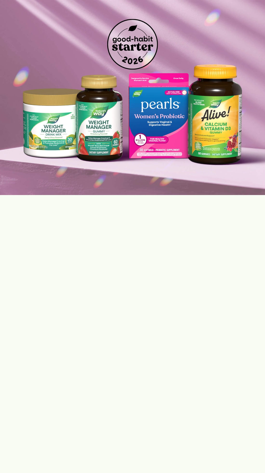 Four supplement bottles on a purple background with a badge in the top left corner.