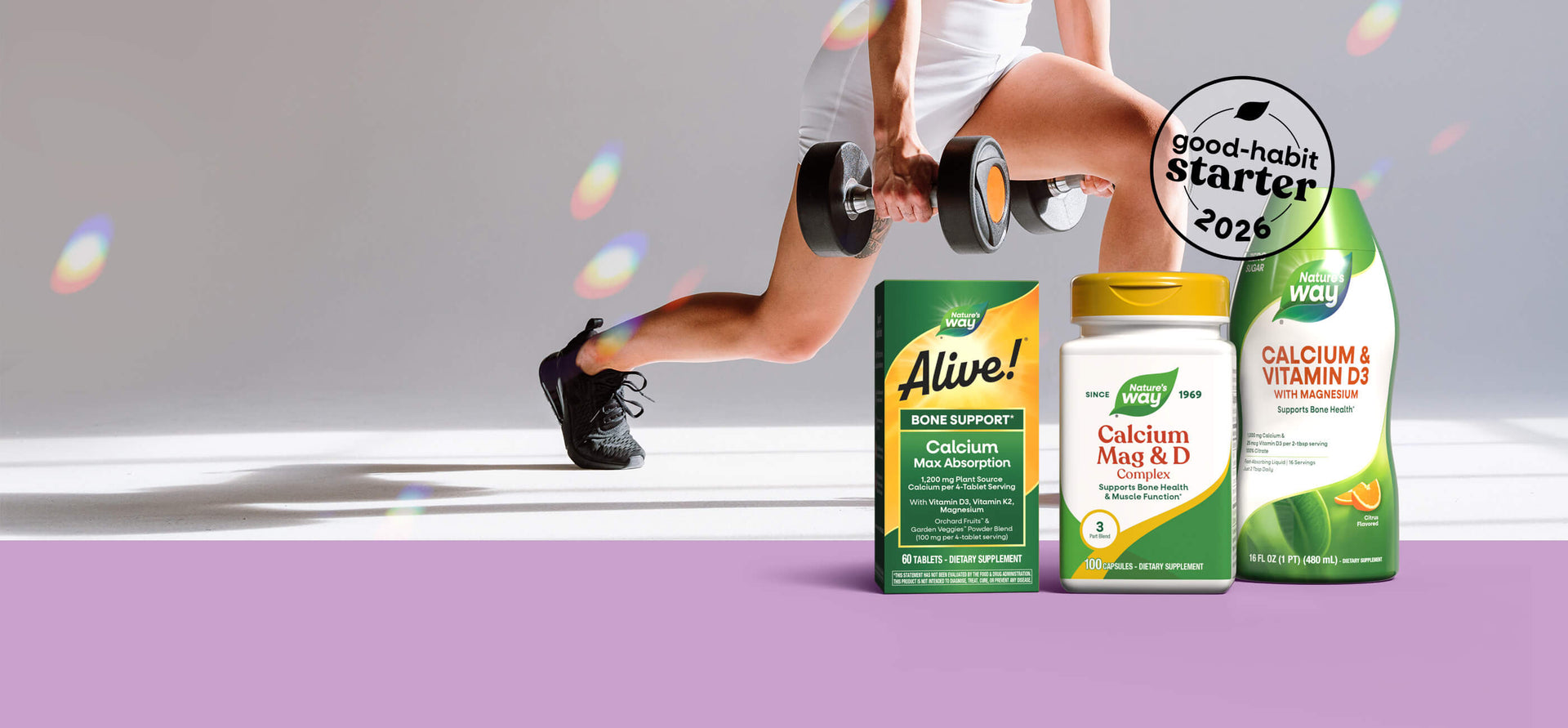 Nature's Way Bone support products with person lifting weights in background