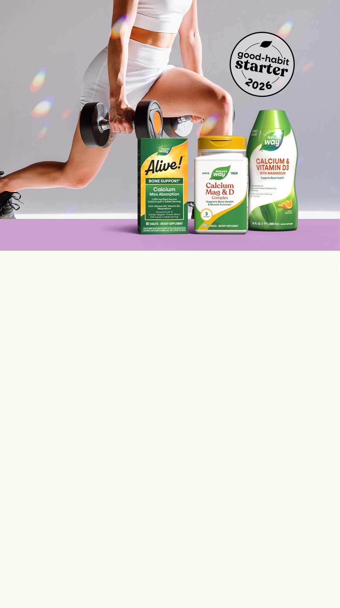 Nature's Way Bone support products with person lifting weights in background