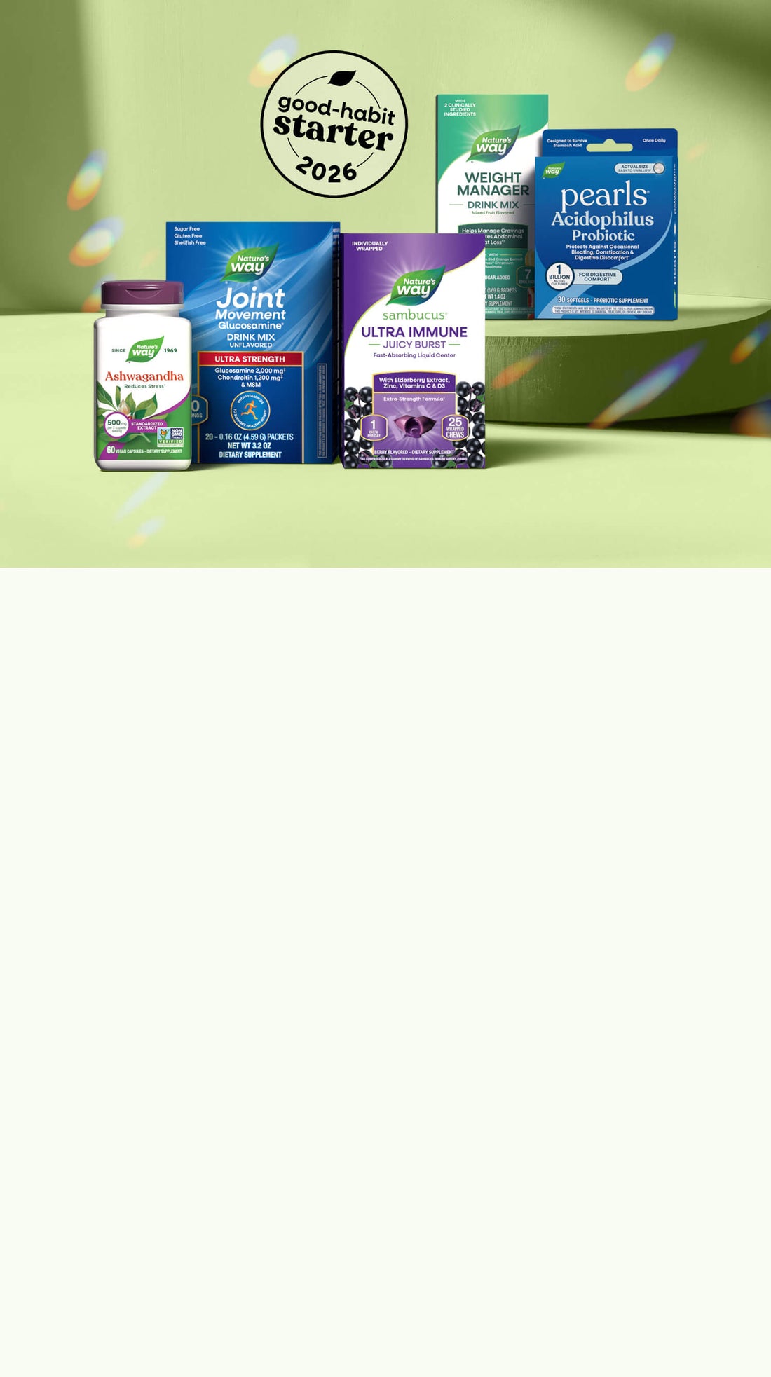 Collection of supplement packages on a light green background with 'Good Habit Starter 2026' badge.