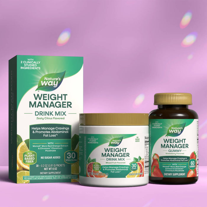Nature's Way Weight Manager products including a drink mix box, tub, and gummy bottle on a purple background.