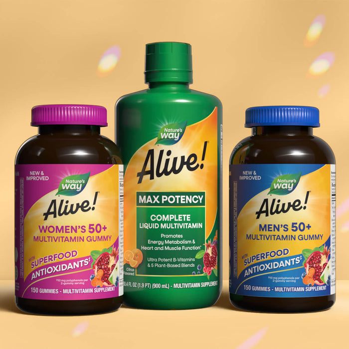 Three Nature's Way Alive! multivitamin products on a yellow background