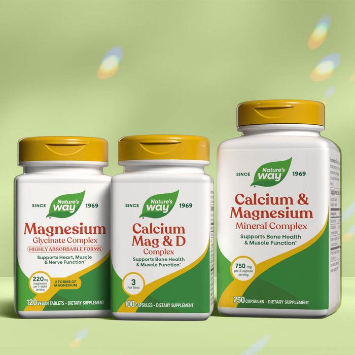 Three Nature's Way bone & muscle supplement bottles on a green background