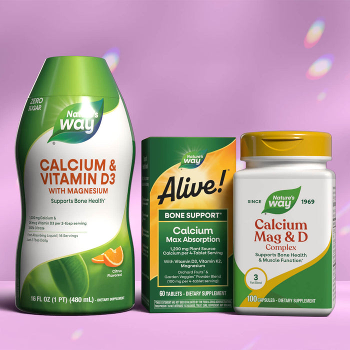 Nature's Way calcium and vitamin products on a purple background