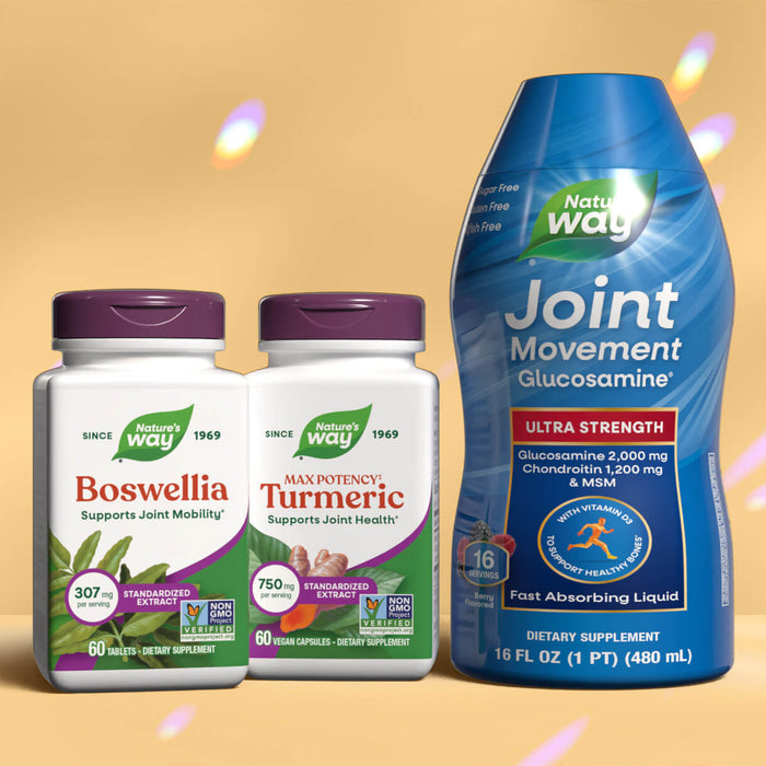 Three Nature's Way joint supplements bottles on a yellow background