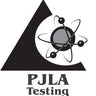 A black and white logo featuring an atom graphic inside, above the text 'PJLA Testing'.