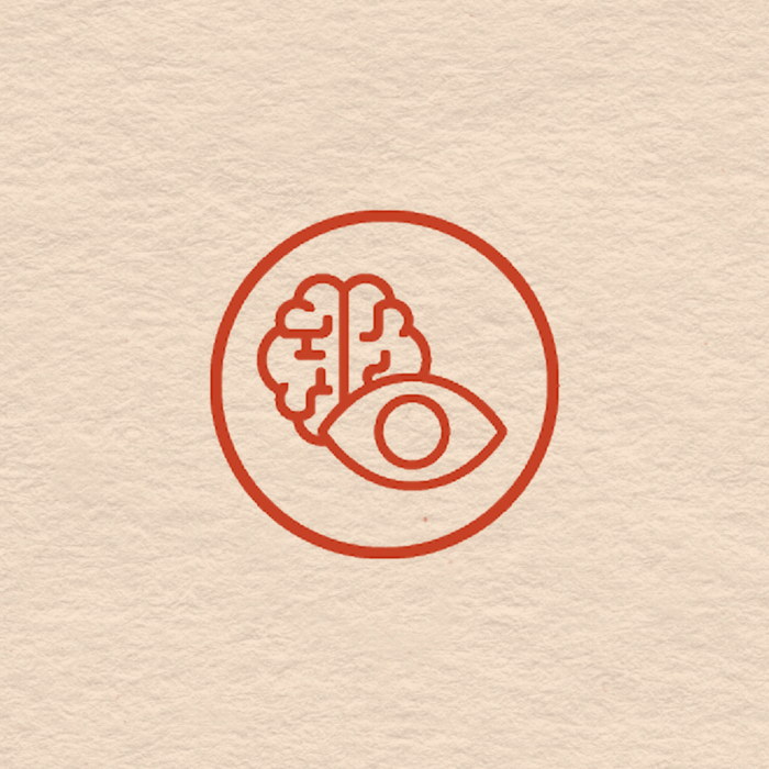 Logo with brain and eye design on a beige background