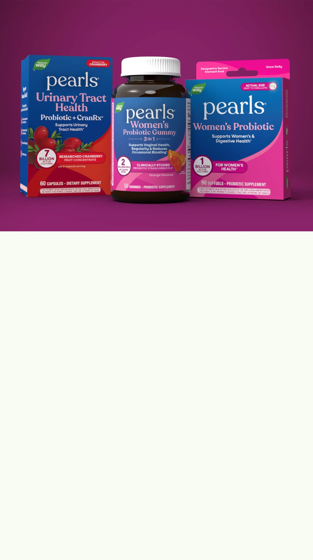Three packages of Pearls Probiotics on a white background