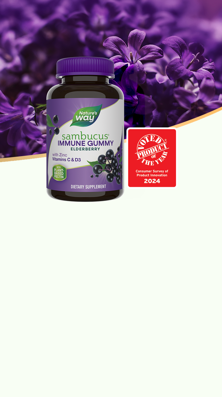 Bottle of Sambucus Immune gummy on a purple floral background