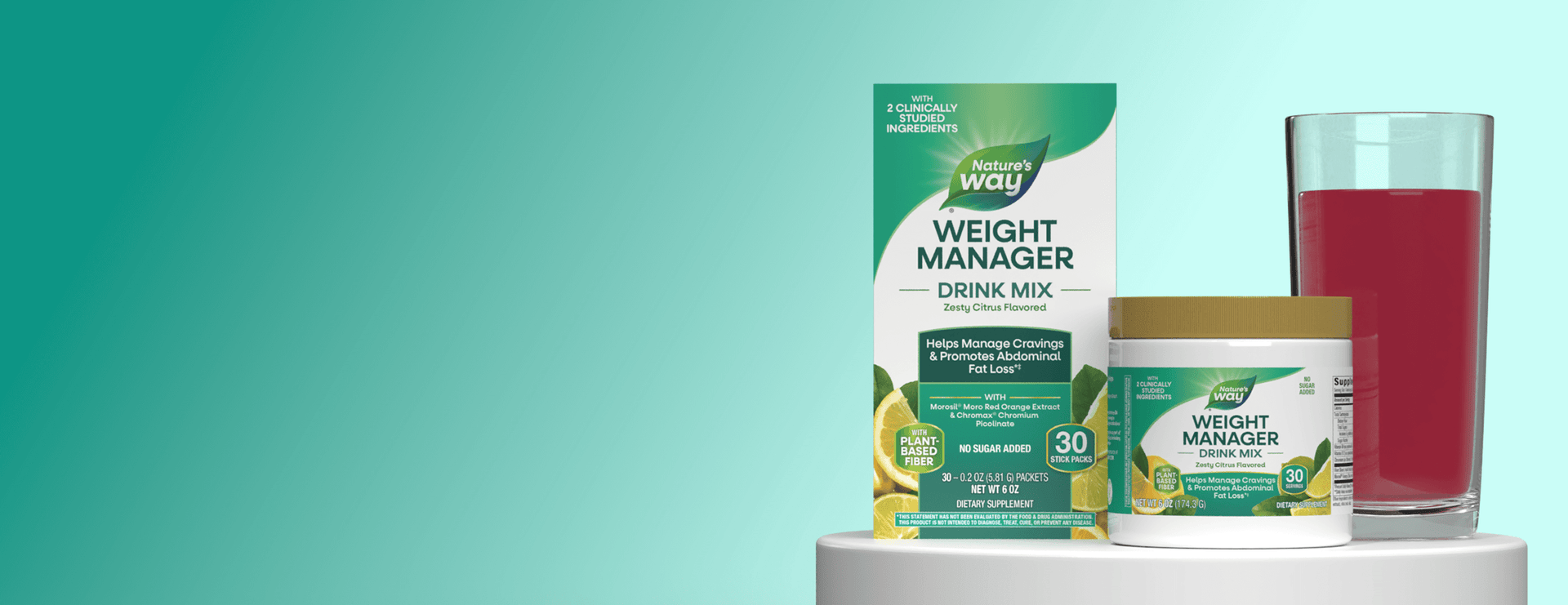 Weight Manager drink mix products shown on a white pedestal