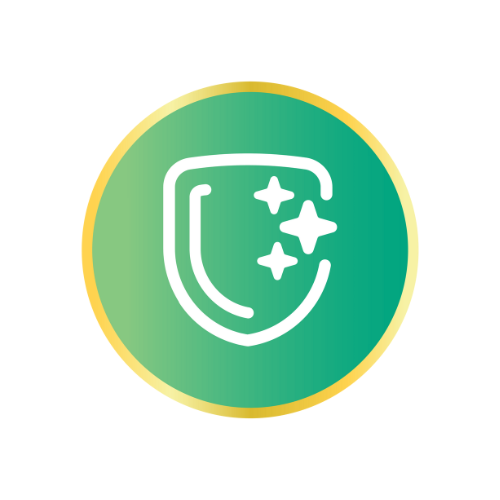 Green circle with a white icon of a shield and stars on a white background