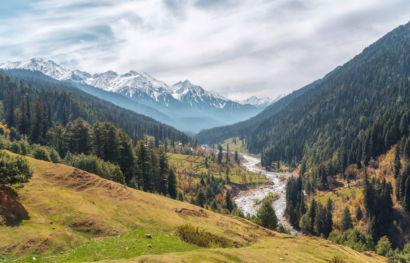 Valley with a river, greenery, and snow-capped mountains under a cloudy sky.