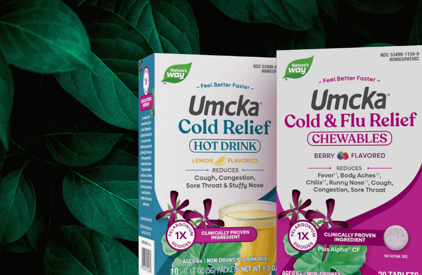 Two boxes of Umcka Cold Relief products on a green leafy background
