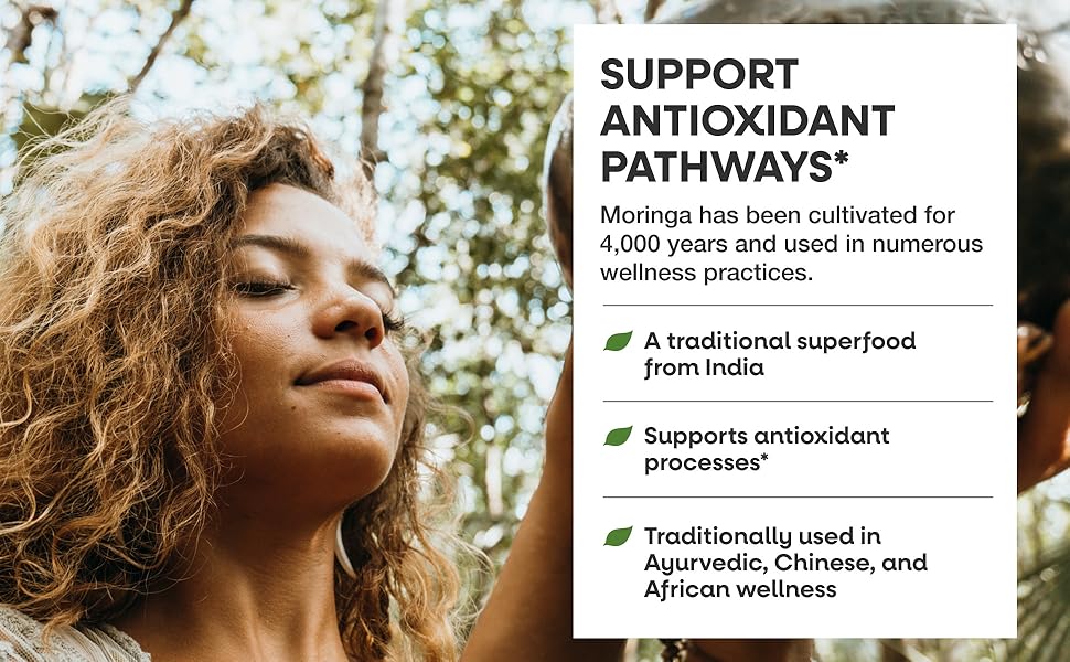 Woman with curly hair in a natural setting with text about Moringa benefits.