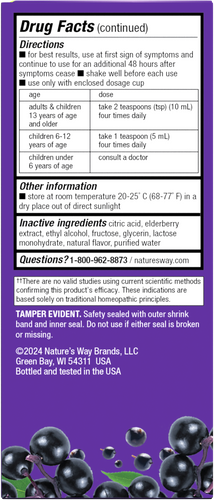 Sambucus Flu Relief Syrup - back of pack Sku:15803