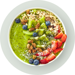 <{%ATTRIBUTE3_14928%}>A green smoothie bowl with strawberries, kiwi, blueberries, and granola on top.